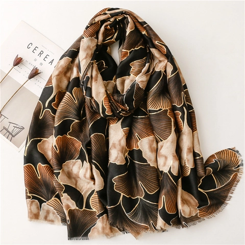 Ginkgo Leaf Print Scarf Shawl Gold Stamping Polyester Winter Warm Ethnic Vintage Style Large Wrap For Women