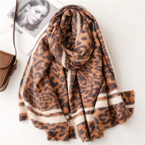 Sciarpa Con Stampa Leopardata Imitazione Cashmere A Righe Spessa Calda Scialle Da Donna Retro Autunno Inverno Accessori Frange