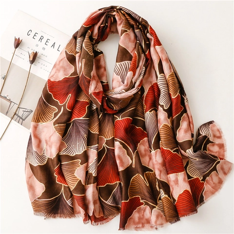 Ginkgo Leaf Print Scarf Shawl Gold Stamping Polyester Winter Warm Ethnic Vintage Style Large Wrap For Women
