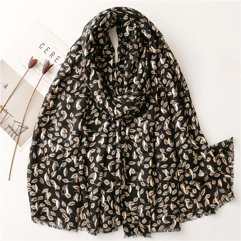 Écharpe Châle Imprimé Feuilles Feuille D'or Doux Polyester Toucher Coton Chaud Hiver Longue Pour Femmes Bords Frangés