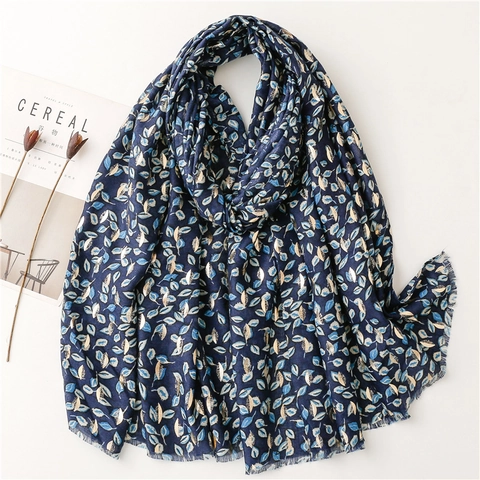 Écharpe Châle Imprimé Feuilles Feuille D'or Doux Polyester Toucher Coton Chaud Hiver Longue Pour Femmes Bords Frangés
