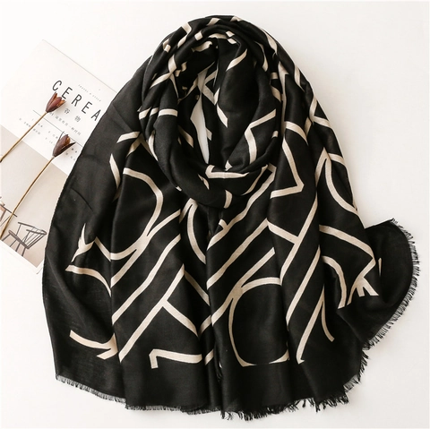 Fashion Scarf Shawl Satin Cotton Polyester Geometric Letter Print Winter Warm Large Rectangular Long Fringe Elegant Women