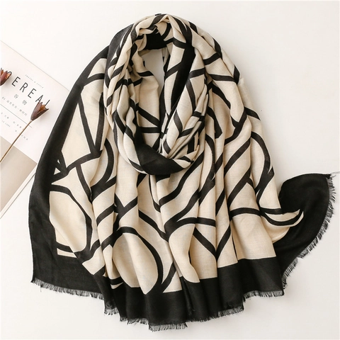 Fashion Scarf Shawl Satin Cotton Polyester Geometric Letter Print Winter Warm Large Rectangular Long Fringe Elegant Women