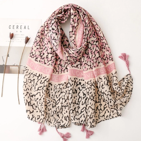 Luipaardprint Sjaal Omslagdoek Dames Lang Polyester Met Katoen Linnen Gevoel Love Letter Patroon Kwastjes Mode Wrap