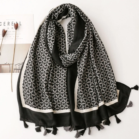 Women Geometric Circle Print Winter Scarf Polyester Herringbone Pattern Long Warm Shawl With Tassels Fashion