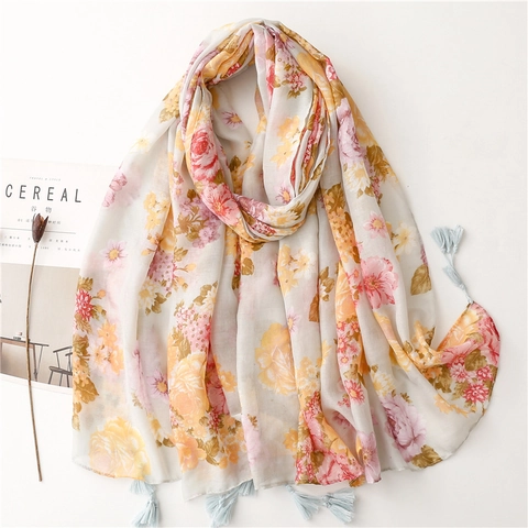 Vintage Floral Print Scarf Shawl Soft Polyester Ethnic Tassel Sun Protection Lightweight Breathable For Women