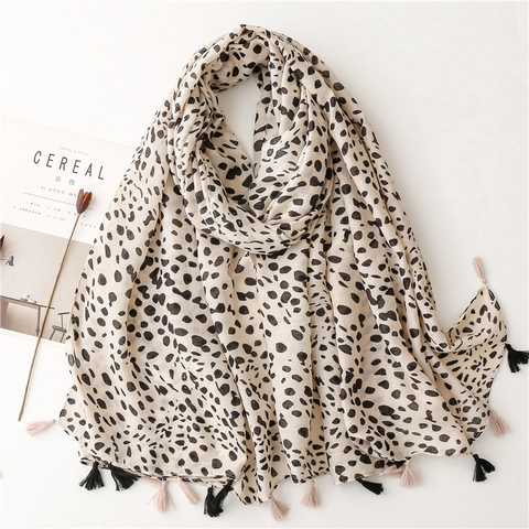 Leopard Print Scarf Long Shawl Polyester Cotton Linen Feel With Tassels Warm Soft For Women Fashion Commuter Elegant