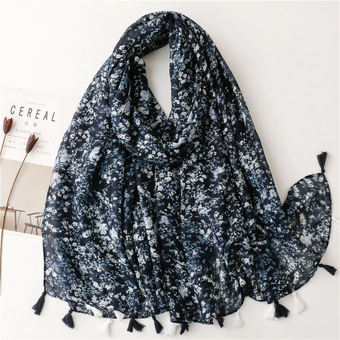 Women Vintage Floral Print Polyester Scarf Large Shawl With Tassels Ethnic Style Elegant Summer Beach Wrap