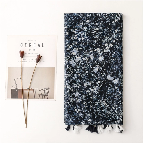 Women Vintage Floral Print Polyester Scarf Large Shawl With Tassels Ethnic Style Elegant Summer Beach Wrap
