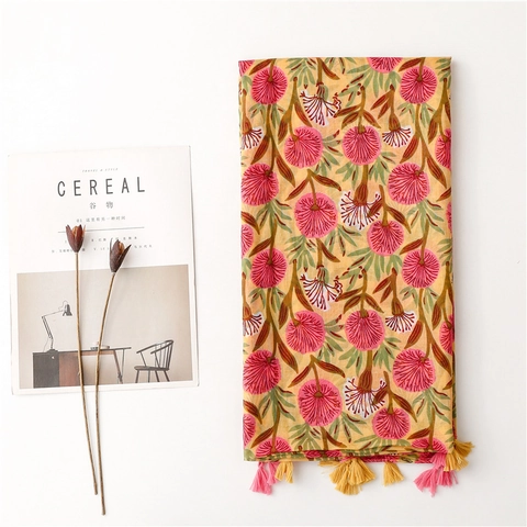 Hydrangea Floral Print Scarf Shawl With Tassels Lightweight Polyester Voile Sun Protection For Women Fresh Artistic Style