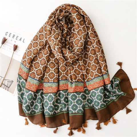 Women Ethnic Print Scarf Large Shawl Bohemian Tassel Sun Protection Warm Wrap Polyester Retro Fashion Accessory