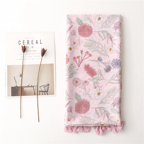 Floral Print Scarf Shawl Women Elegant Pink Flower Polyester Bali Yarn Sunscreen Lightweight Soft Tassel Wrap