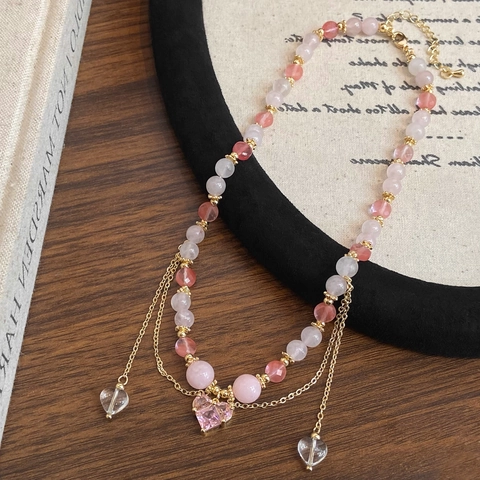 Rosa Kristall Perlenhalskette Mit Herzanhänger Und Baumelnden Ketten Vergoldet Modeschmuck Für Damen