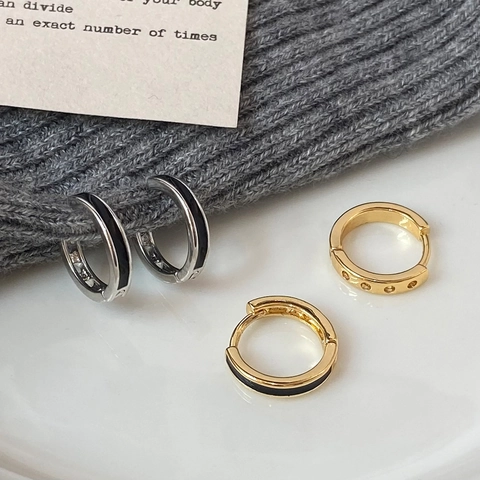 Minimalistische Hoop Oorbellen Koper Met 925 Sterling Zilveren Oorknopje Zwart Emaille Geometrische Cirkel Voor Dames Sieraden