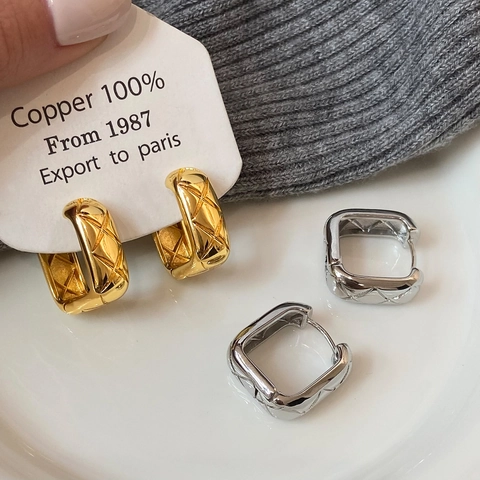 Square Hoop Earrings Pure Copper Quilted Rhombus Geometric Minimalist Luxury Jewelry For Women Gold Silver Finish