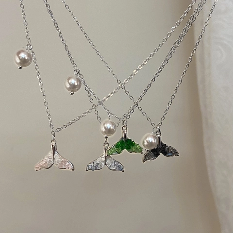 Light Luxury Walfischschwanz Anhänger Halskette Mit Muschelperle Versilbertes Kupfer Farbige Kristall Halsketten Für Damen Chic Schmuck