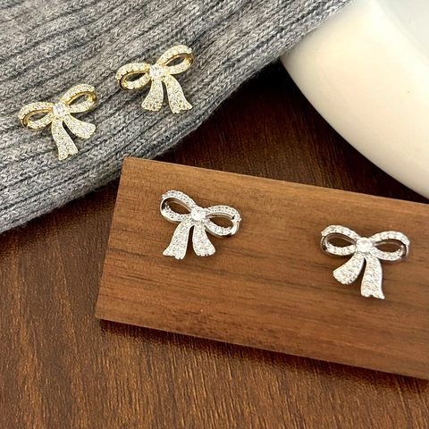 Pave Zircon Bow Knot Stud Earrings Brass Elegant Fashion Sweet Niche Style For Women