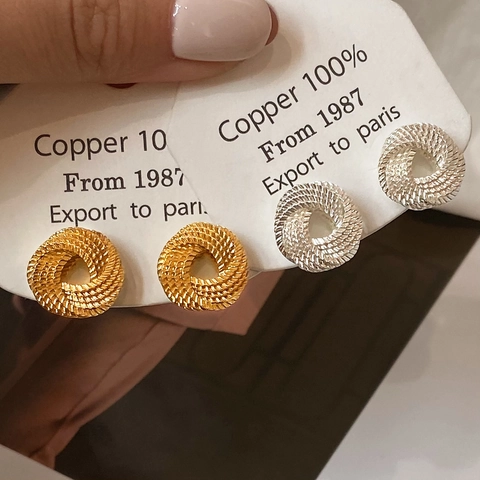 Geometric Spiral Twisted Stud Earrings Copper Gold Silver Plated Minimalist Cross Design Jewelry For Women