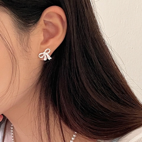 Bowknot Stud Earrings With Copper Earring Post Rhinestone Inlaid Elegant Sweet Fashion Jewelry For Women