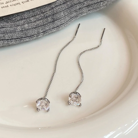 Minimalist Round Zircon Long Tassel Ear Thread Earrings Copper Jewelry With Silver Earring Post Niche Design For Women