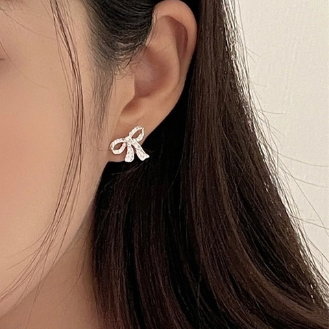 Bowknot Stud Earrings With Copper Earring Post Rhinestone Inlaid Elegant Sweet Fashion Jewelry For Women