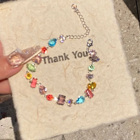 Bracciale In Zirconia Cubica Multicolore Arcobaleno Forme Miste Regolabile Maglia In Lega Per Donna Dolce Elegante