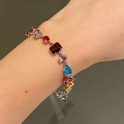 Bracciale In Zirconia Cubica Multicolore Arcobaleno Forme Miste Regolabile Maglia In Lega Per Donna Dolce Elegante