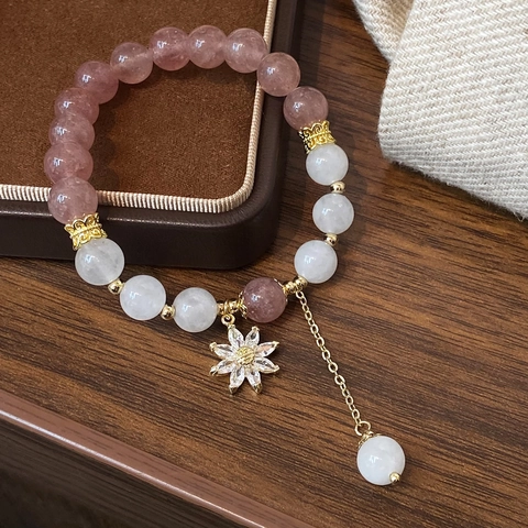 Bracciale Perline Cristallo Fragola Pietra Bianca Zircone Stella Fiore Pendente Placcato Oro Gioielli Eleganti Per Donne