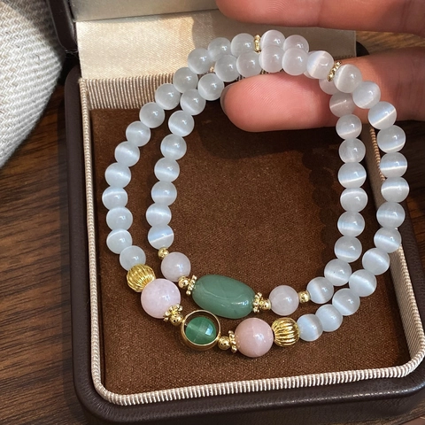 Bracelet Perles Œil De Chat Style Chinois Rose Gemme Verte Alliage Bijoux Élégants Pour Femmes