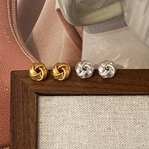Twisted Knot Stud Earrings Matte Brushed Copper With 925 Sterling Silver Earring Post Geometric High End Accessory