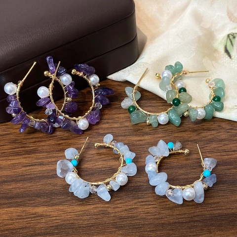 Orecchini A Cerchio Bohemien Fatti A Mano Pietra Naturale E Imitazione Perla Artificial Rame Placcato Oro Gioielli Vintage Donna