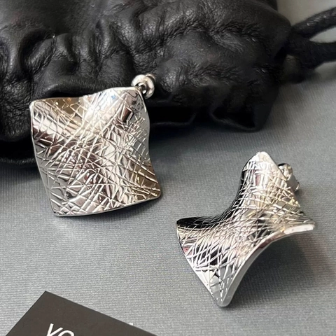 Geometric Stud Earrings For Women Copper Silver Plated Wrinkled Leather Texture Irregular Round Square Modern Jewelry