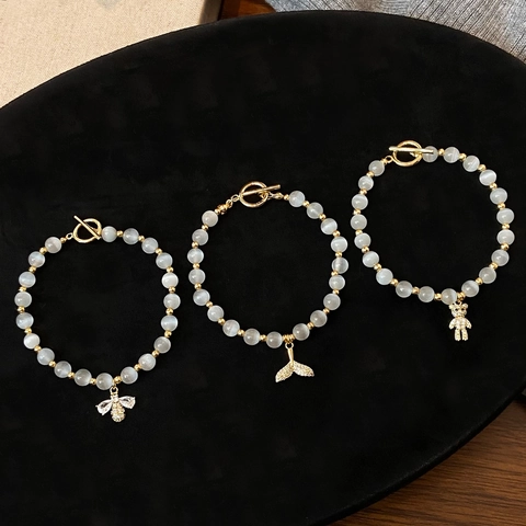 Pulsera De Cuentas Ojo De Gato Con Dijes De Abeja Oso O Cola De Pez Aleacion Circonitas Cierre De Palanca Para Mujeres