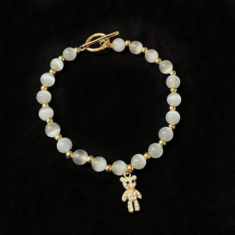 Pulsera De Cuentas Ojo De Gato Con Dijes De Abeja Oso O Cola De Pez Aleacion Circonitas Cierre De Palanca Para Mujeres