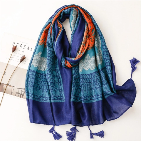 Bohemian Ethnic Print Scarf Shawl Polyester Vintage Paisley Tassel Sun Protection Large Lightweight Wraps For Women