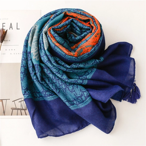 Bohemian Ethnic Print Scarf Shawl Polyester Vintage Paisley Tassel Sun Protection Large Lightweight Wraps For Women