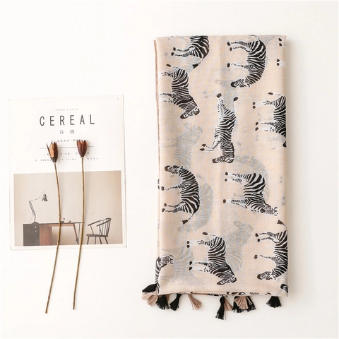Sciarpa Scialle Stampa Zebra Donne Leggero Poliestere Tocco Cotone Con Nappine Moda Protezione Solare