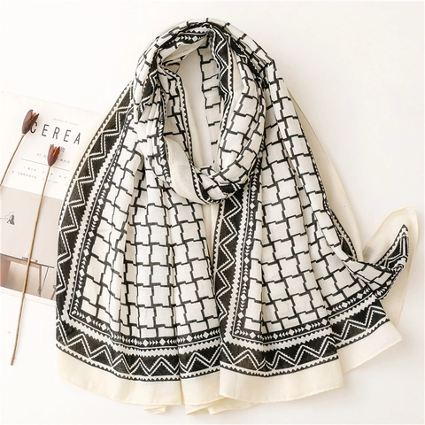 Women Geometric Print Shawl Scarf Lightweight Polyester Grid Pattern Soft Elegant Wrap For Sunscreen And Warmth