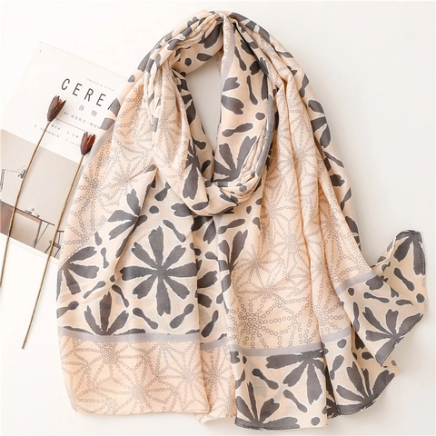 Women Elegant Floral Print Scarf Shawl Polyester Lightweight Cotton Linen Feel Sunscreen Beach Wrap Travel Accessories