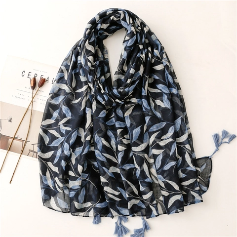 Elegant Leaf Print Scarf Bali Yarn Shawl With Tassels Lightweight Breathable Sunscreen Wrap For Women Fresh Style