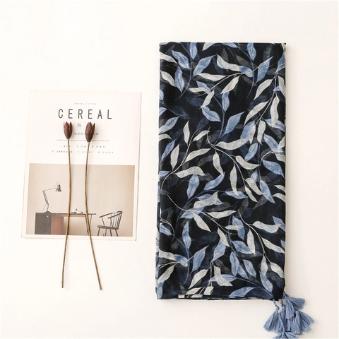 Elegant Leaf Print Scarf Bali Yarn Shawl With Tassels Lightweight Breathable Sunscreen Wrap For Women Fresh Style