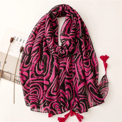 Women Fashion Shawl Scarf Polyester Voile Abstract Zebra Wave Print Long Beach Sunscreen With Tassels