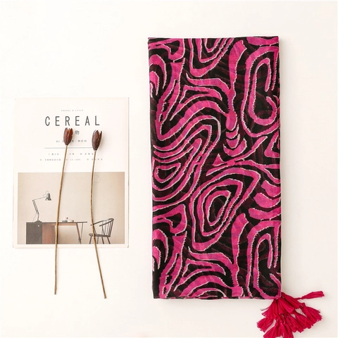 Women Fashion Shawl Scarf Polyester Voile Abstract Zebra Wave Print Long Beach Sunscreen With Tassels