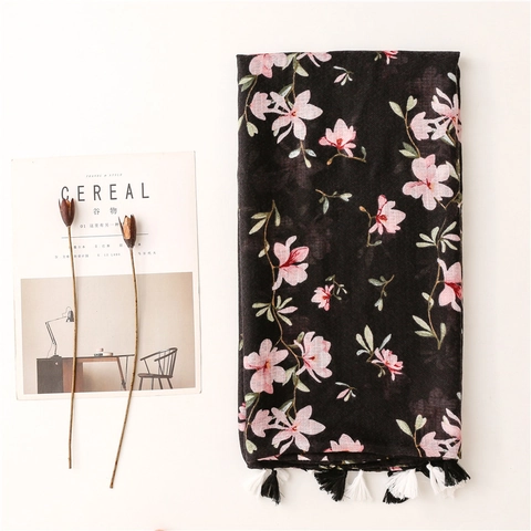 Sciarpa Floreale Da Donna Elegante Scialle Di Magnolia Con Nappe Morbido Tocco Cotone E Lino Leggero Traspirante