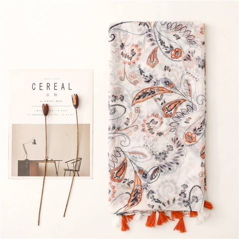 Paisley Scarf Shawl Polyester Voile Cotton Linen Feel Tassels Lightweight Breathable Bohemian Sunshade For Women