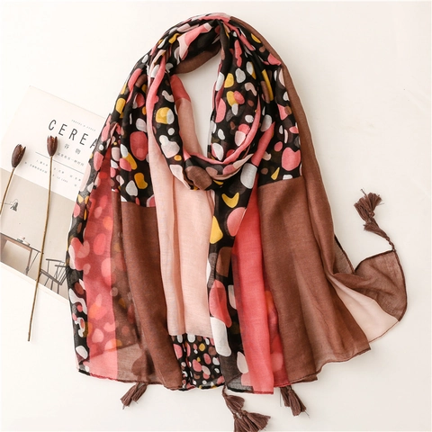 Fashion Shawl Scarf With Colored Dots Mosaic Geometric Pattern Tassels Lightweight Polyester Bali Yarn For Women