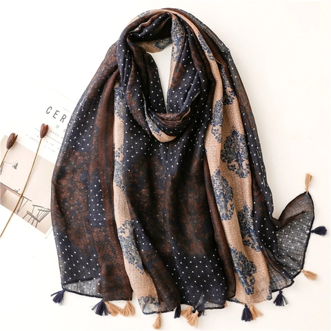 Vintage Long Scarf Shawl Polyester Patchwork Floral Polka Dot Print Tassel Warm Ethnic Style For Women