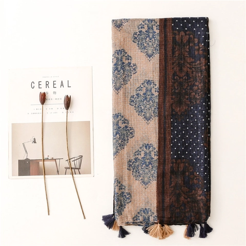 Vintage Long Scarf Shawl Polyester Patchwork Floral Polka Dot Print Tassel Warm Ethnic Style For Women