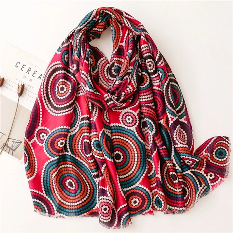 Ethnic Style Scarf Shawl Soft Polyester Satin Cotton Feel Kaleidoscope Concentric Circle Pattern Bohemian Wrap For Women
