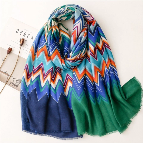 Sciarpa Donna Vintage Stile Etnico Poliestere Colorato Zigzag Modello Scialle Morbido Lungo Frange Wrap Decorativo